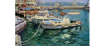 Yan Sun Oil Greek Harbor Coastal Painting - Tranquility in Hydra Island, Greece